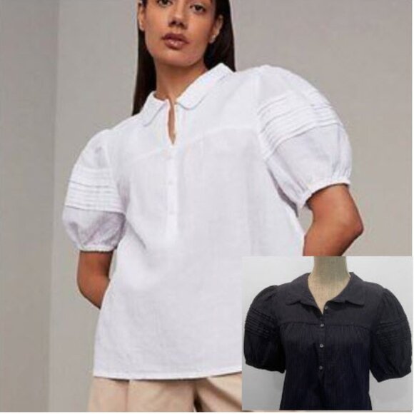 Hudson North Linen Puff Sleeve Blouse Navy Blue Textured Top Size Medium - Picture 1 of 16